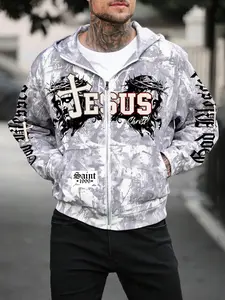 Men's Tie-Dye Religious Hoodie, Jesus Christ Pattern, Front Zip Design, Streetwear Fashion, Spring Autumn Season, Unique Design