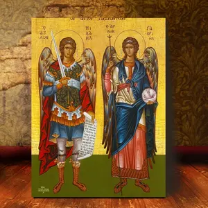 2D canvas print of 1 piece of Byzantine icon of the Archangels Michael and Gabriel - Traditional Greek Orthodox religious wall decoration with framed edges, spiritual home decor and gift, suitable for Christmas, baptism, housewarming, exquisite design art