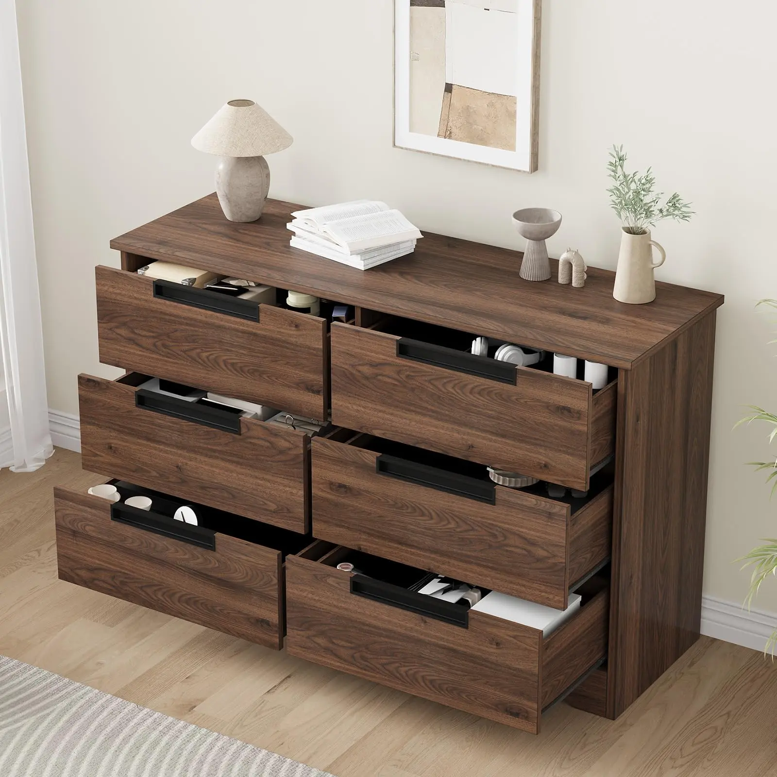 Garvee Modern 6-Drawer Dresser, 47" Wide Wood Chest of Drawers - Embedded Handles, Large Storage, Freestanding Lowboy Cabinet for Bedroom, Living Room, Nursery, Hallway - Natural Oak/Black