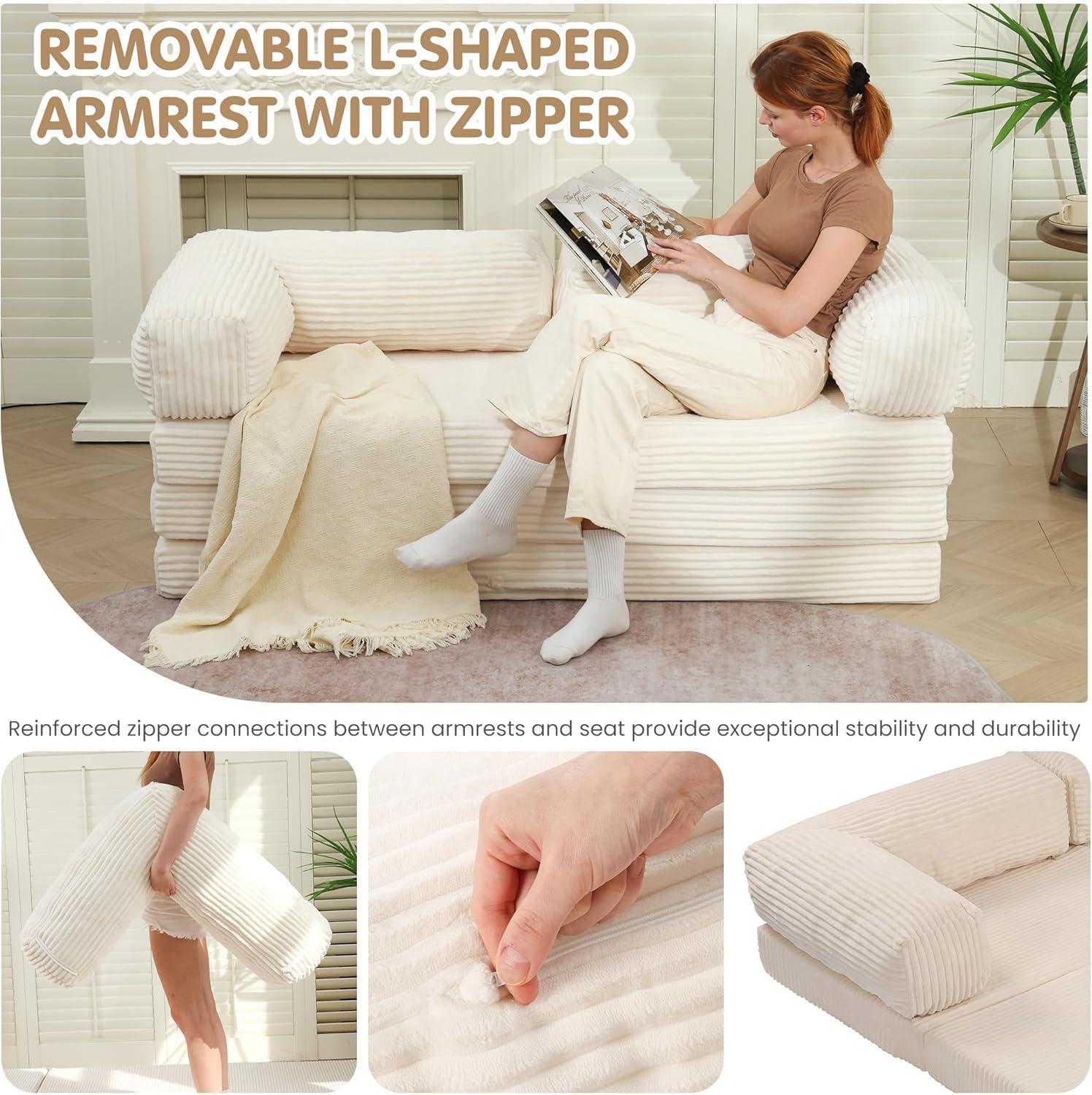 Winzoo 5-in-1 Convertible Sofa Bed,Boneless Couch Tri Folding Floor Mattress with Removable L-Shaped Armrests & Handle,Corduroy Futon Couch Sleeper with Pull Out Bed for Living Room Bedroom Apartment