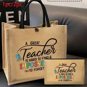 Large Capacity Linen Handbag, Teacher Theme Print, Portable Casual Storage Bag, Ideal Gift for Teachers, Perfect for Travel and Daily Use, Casual Tote Bag
