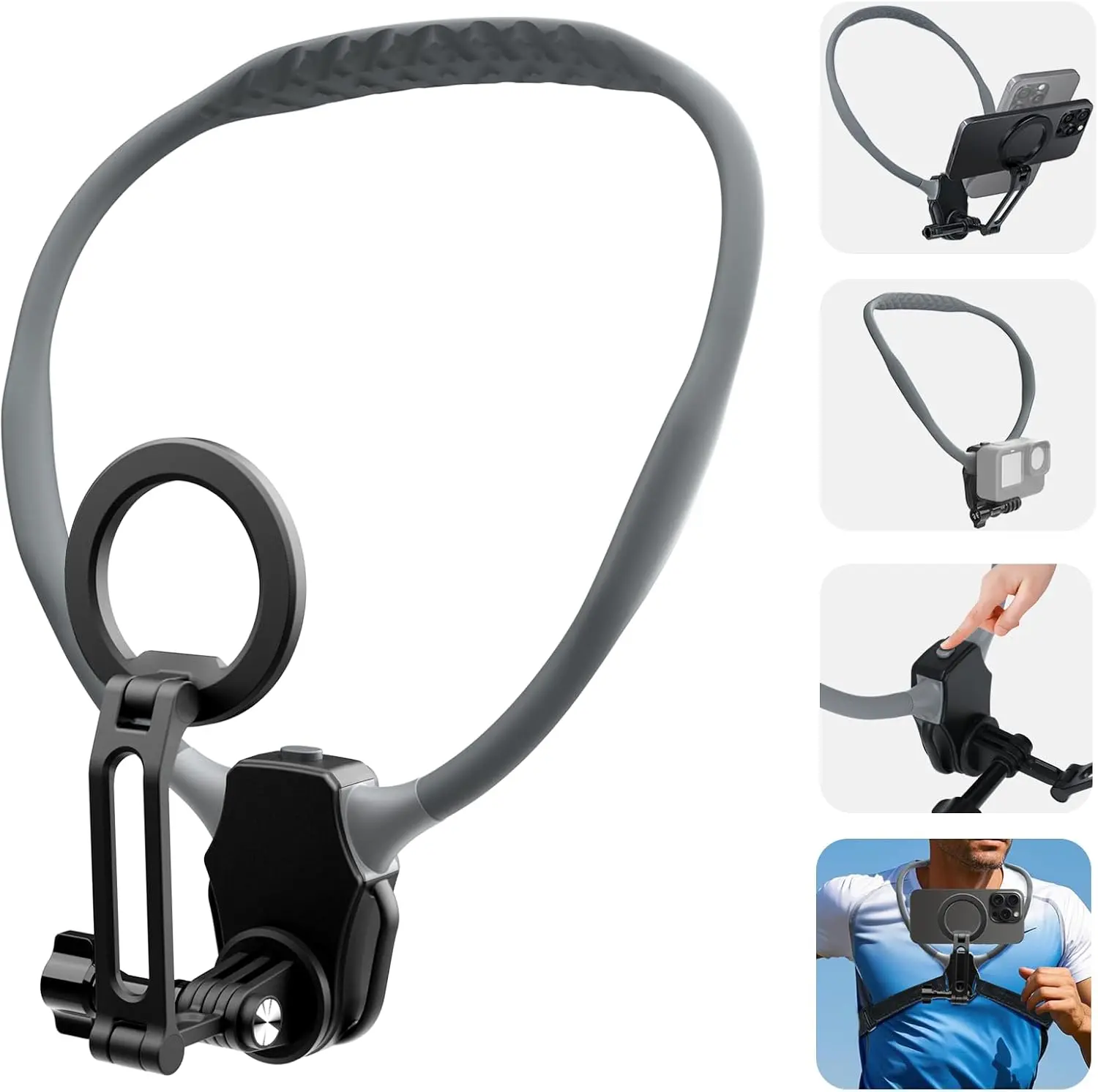 Magnetic Neck Phone Holder with Chest Strap - Hands-Free POV Filming Mount for Mobile Video, Compatible with iPhone 16/15/14/13/12, Android, GoPro, Insta360 (Content Creator Accessory), Iphone 13, Compact Action Camera Mounts