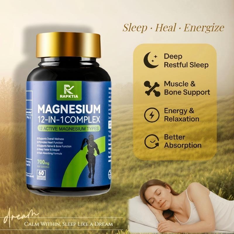 3-Bottle Pack 12-in-1 Magnesium Complex, Relieves Anxiety, Reduces Stress, Improves Sleep, Contains 12 Active Magnesium Types, 60 Capsules