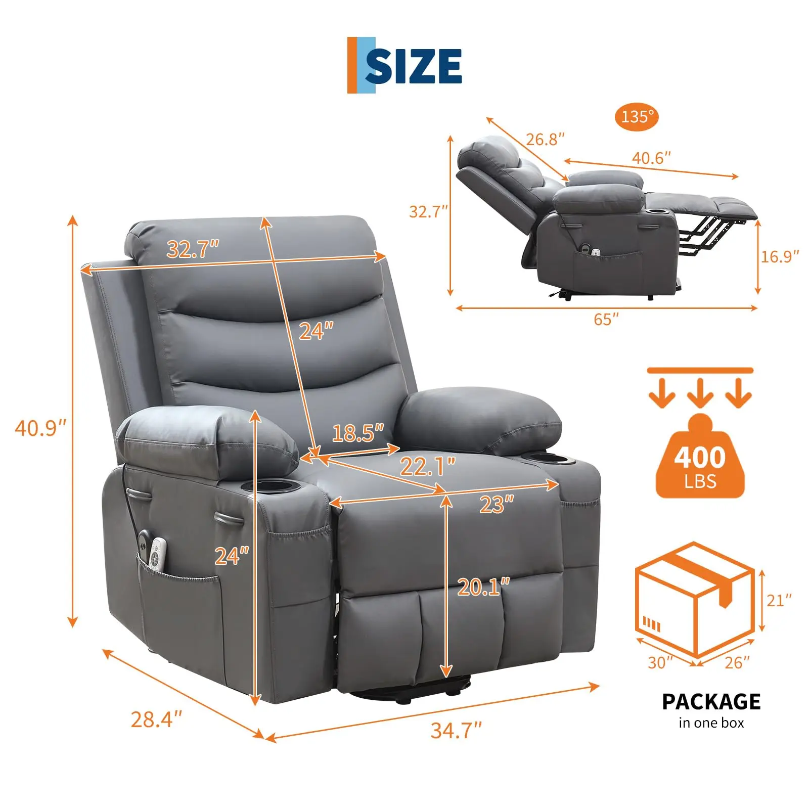 Extra-Large Power Lift Armchair with Ergonomically Adjustable Seat, Footrest, 135° Recline, Massage Heat, 2 Cup Holders, Side Pockets, Swivel, Armrest, Quick Setup, Gray PU Leather Living Room Single Sofa for Elderly Adults, Footrest Chair