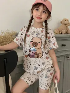 Spring Summer Girls' Casual Fashion Set, Heart Pattern Print T-Shirt & Bike Shorts, Comfortable All-Season, Fitted Style, Summer Clothing Set