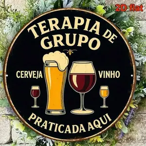 Vintage Portuguese Beer Wine Sign – 8 Inch Round Aluminum Plaque Wall Decor for Bar, Kitchen, Café