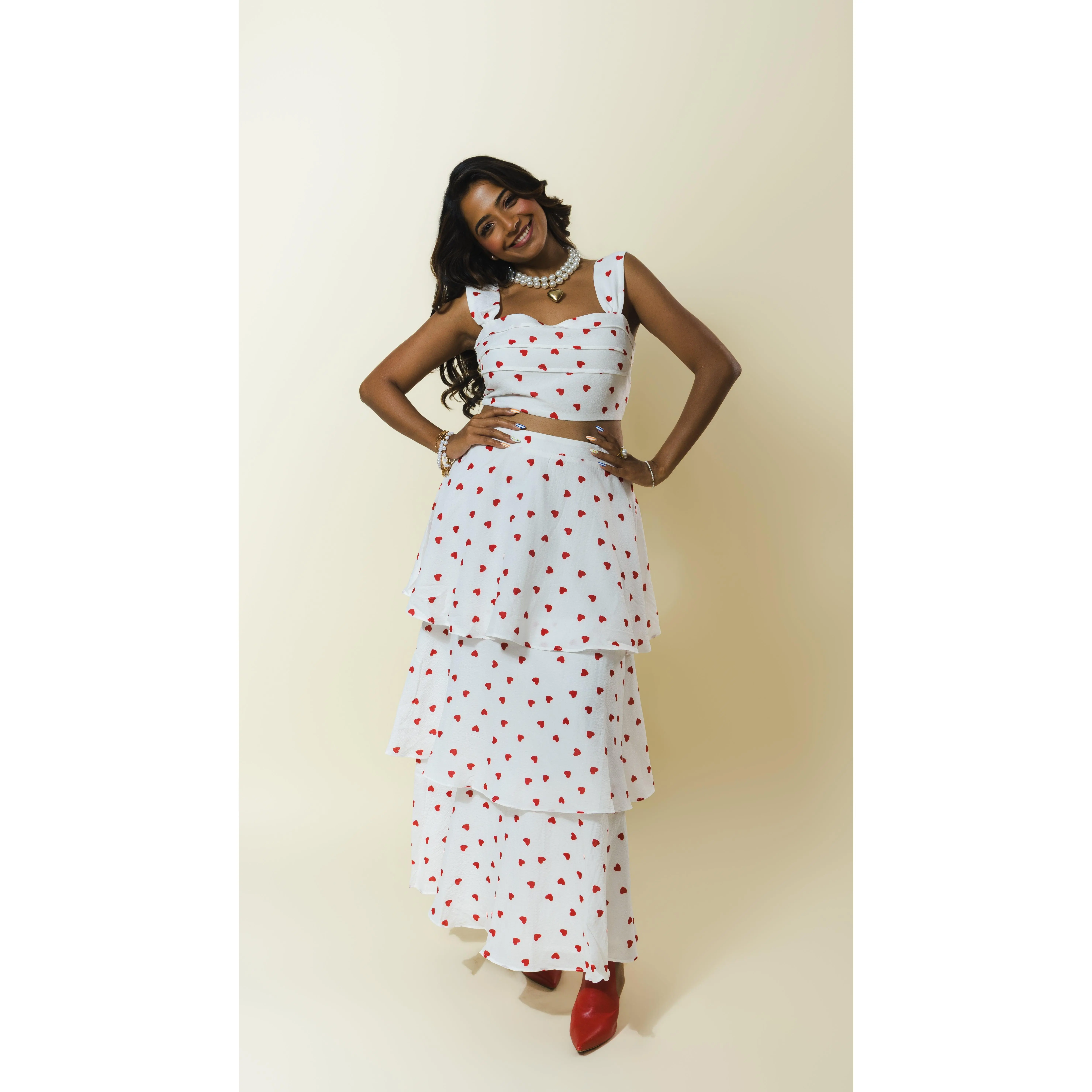 Heart Print Crop Top & Tiered Maxi Skirt Set