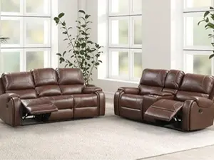 TM6012BR 2PC Set - Brown Leatherette Sofa, Drop Down Table, Love Seat, Recliner, Cup Console, USB Plugs, Nail Head Trim