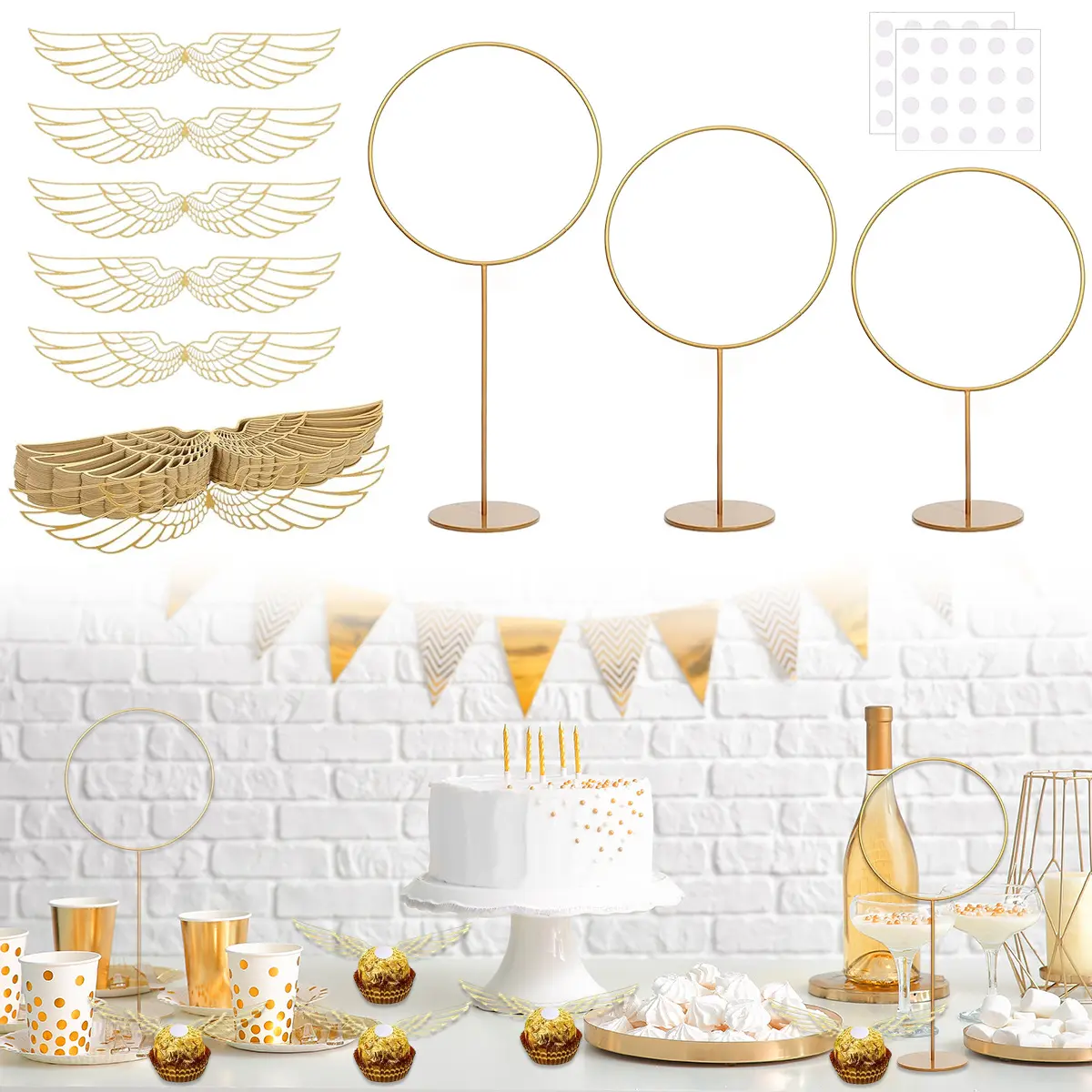 Magical Gold Angel Wings Party Kit - 3 Reusable Desktop Flower Wreath Iron Rings, Wing Chocolate Decorations for Baptism, Wedding Home Decor Supplies, Gifts