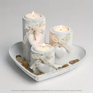 HOMESTRUM White Wooden Candle Holder Set of 3 Tealight Holders with Burlap Bow & Decorative Stone Heart-Shaped Tray for Halloween Christmas Table Display Modern Simple Candle Holder Set