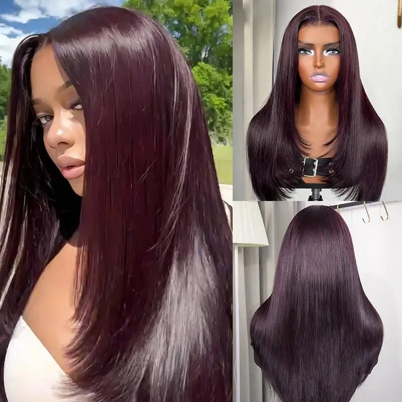 ISEE HAIR 7x5 Lace Front Wig Black Cherry Layered Cut Straight Human Hair Wig, Blackcurrant Brunette Wear Go Glueless Wig with Pre-Cut Lace & Pre-Plucked Hairline & Invisible Knots & Drawstring#SoHoChic #TikTokShopBackToSchool