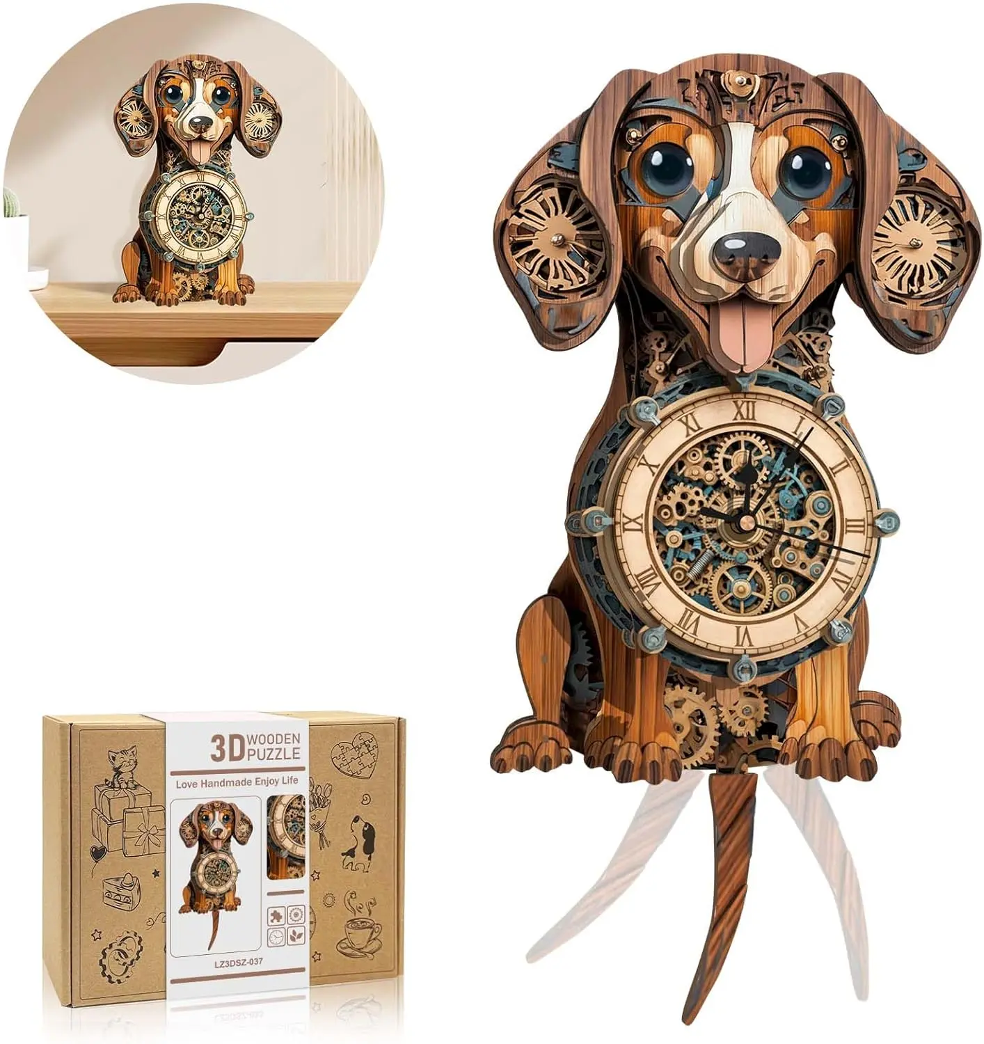 3D Puzzles for Adults Clock-Dachshund Design Model Kit-Mechanical DIY Pendulum Clock with Roman Numerals-Desk Home Office Decor Personalized Gift for DIY Lovers