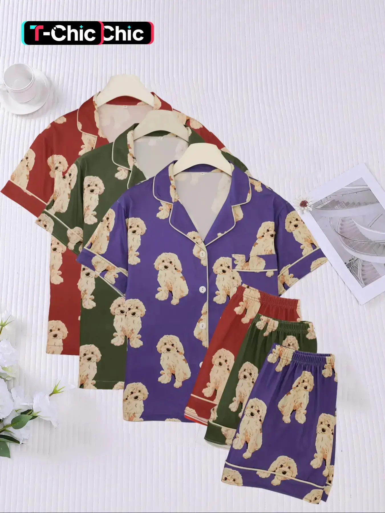 6-piece combination women's full body puppy print pajamas set Fitted, short sleeved shorts suitable for all seasons, pocket collar butterfly pants, home wear