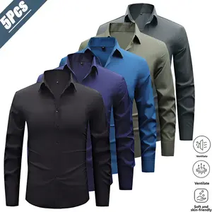 Men’s 5-pack formal long-sleeve dress shirts for office and commuting, mature-but-youthful style. Made from skin-friendly, breathable, wrinkle-resistant, non-iron fabric that’s easy to care for and won’t lose shape. Classic notched lapel, single-breasted