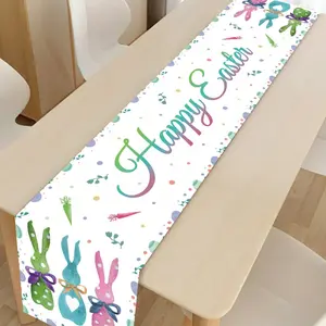 1Pcs Easter, Seasonal pink tablecloth table runner, adorned with cute rabbits, turmeric flowers and Easter eggs, spring new table flag, spring home decoration tablecloth, durable polyester material, suitable for dining rooms, living rooms, kitchens