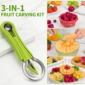 Three-In-One Fruit Carving Tool Set, Stainless Steel Melon Baller, Pulp Separator, Fruit Decor Cutter, Fruit Slicer, Ideal for Plating and Fruit Arrangements