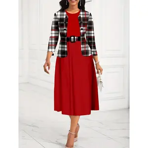 Large size checked coat strap dress two-piece set