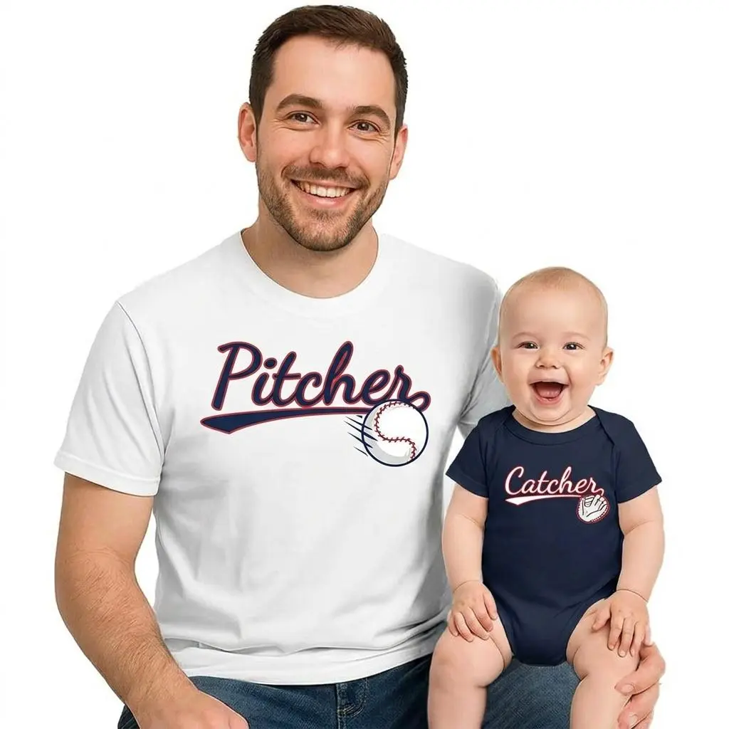 Dad-Baby Matching Baseball Pitcher Catcher T-Shirt Set, Father's Day Outfit for Dads and Babies