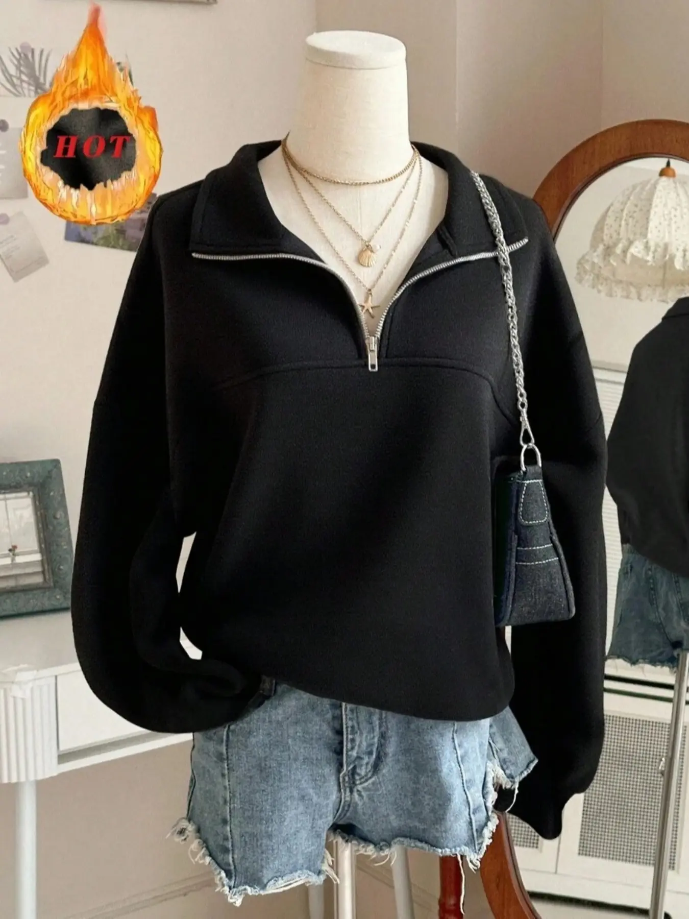 Women's Basic Loose Fit Zipper Pullover Sweater, Casual Fall & Winter Womenswear Clothing, School Reunion, Graduation, Teacher, Daily Wear