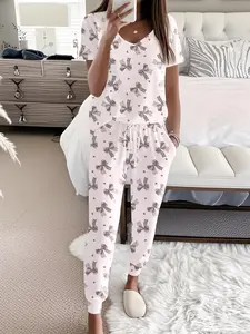 Women's All Over Print Tee & Pants Pyjama Two-piece Set, Casual Comfy Short Sleeve T-shirt & Trousers Set, Ladies Sleepwear for All Seasons, Pajamas, Matching Pj Set