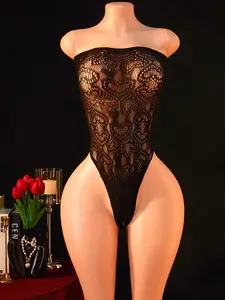 Women's Sexy Fishnet Heart Print Bodysuit, Stretch Fitted Sheer Lingerie, Stretchy Lingerie, Elastic Lingerie, Exotic Nightclub Party Underwear, Elegant Evening Wear, Womenswear