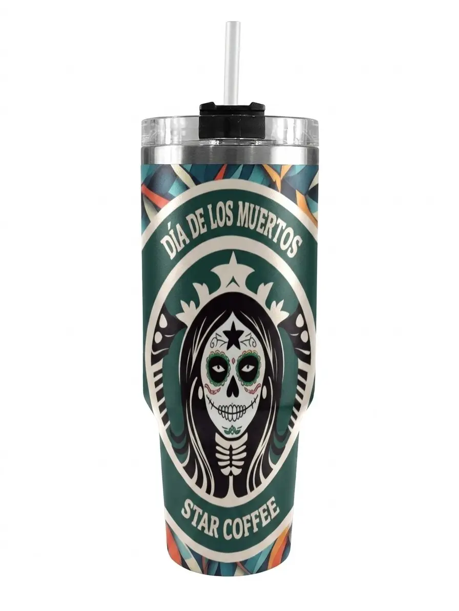 Sugar Skull Gothic 40oz Tumbler with Handle, Calavera Floral Stainless Steel Travel Mug, Mexican Art Insulated Coffee Cup, Skeleton Drinkware