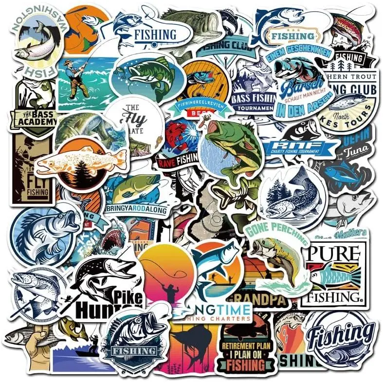 50 count Go Fishing Club Stickers Outdoor Catch Fish Adventure  Vinyl Sticker Pike Hunter Fishermrn Water Bottles Tackle Box    Decor Decals