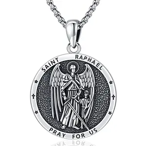 Bernashen S925 Sterling Silver Archangel Raphael Prayer Charm Necklace Patron Saint Raphael Catholic Confirmation Gift Jewelry for Men Women
