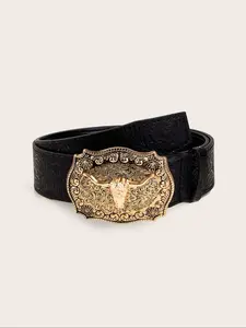 Women's Vintage Cow Head Decorated Pu Buckle Belt, Fashionable Western Belt for Daily Clothing Decor, Trendy All-match & Exquisite Belt for Birthday Gift, Western Concho Belts