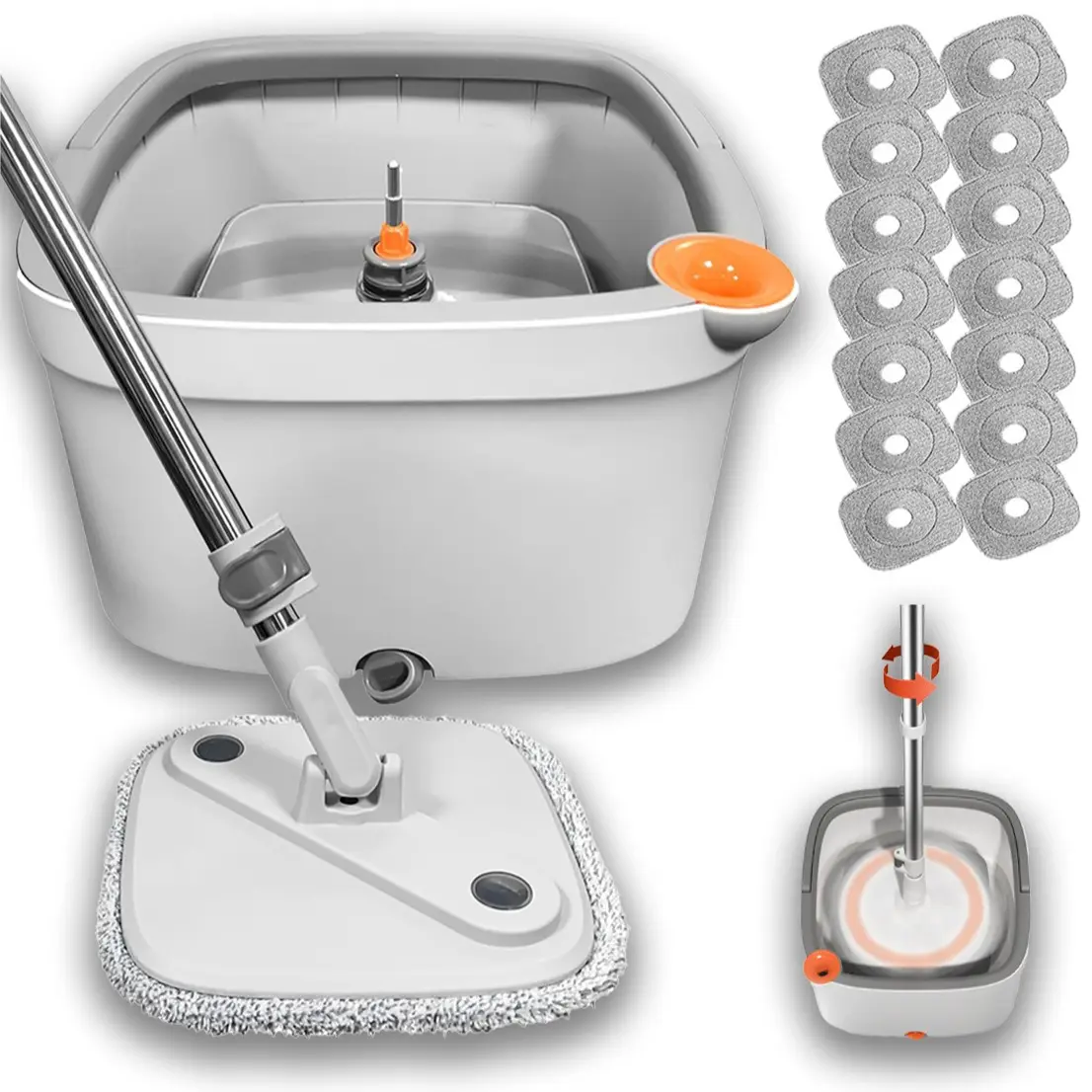 Light Gray Spin Mop Bucket with 14 Pads