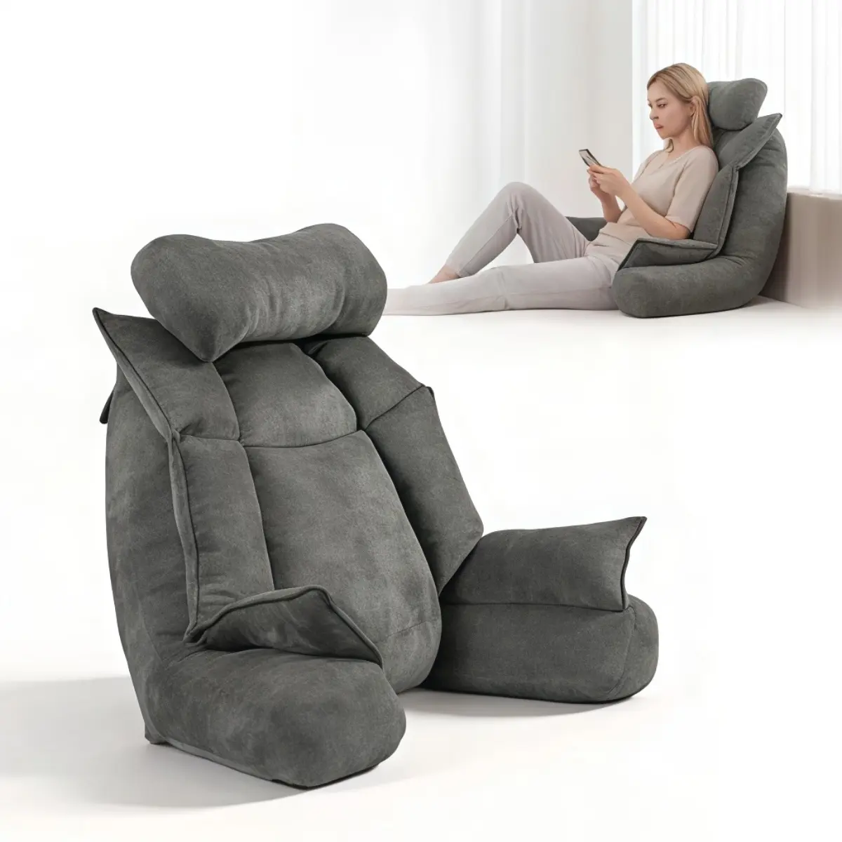 Plush Chenille Ergonomic Adjustable Back Rest Pillow with Winged Armrests, Polyester Foam Full-Body Support Cushion for Bed-Couch, Ideal for Reading-Working, 36x22x30 in