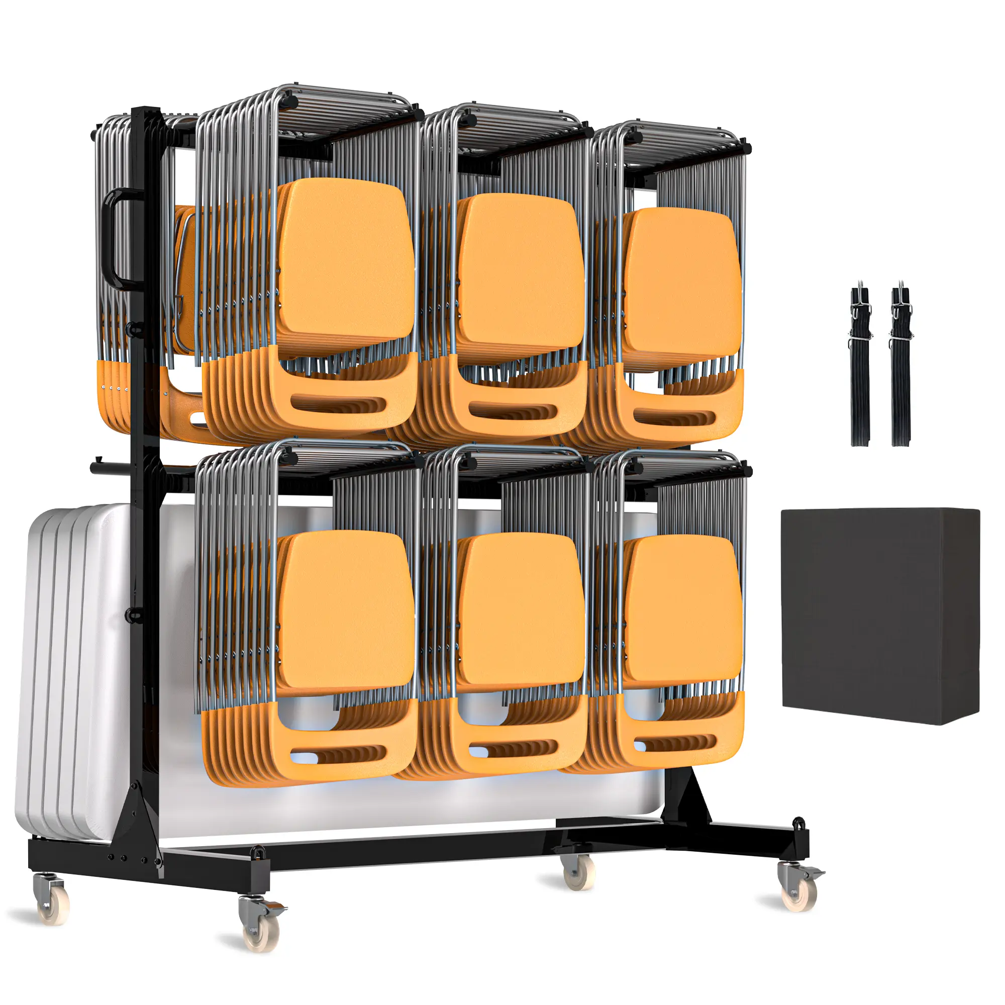 Homgava Folding Chair Rack for 84 Chairs or 12 Tables, Heavy-Duty Chair Cart with 1000 LBS Capacity, Dual-Layer Chair Racks with Wheels and Holders, Includes Weatherproof Cover and Elastic Cords campingessentials