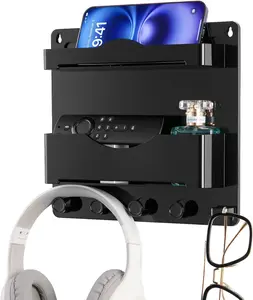 Bedside Wall Shelf with Glasses Hooks ，Adhesive Bedside Organizer Wall Mount for Dorm and Room Accessories Phone，Remote，Earphone， Kindle (Black)