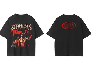 Sinners Graphic T-Shirt – Bold 2-Sided Streetwear Tee Featuring Vampire Fangs and Hip-Hop Style Art, Sinner Movie Inspired Shirt