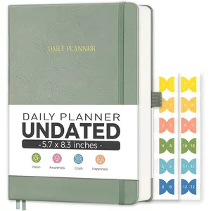 Daily Planner Undated, Appointment Book for Hourly, Daily and Monthly, 365 Days,  Page a Day, Medium Size (5.7" x 8.3"), Leather Hardcover, 12 Self-adhesive Monthly Tabs (Light Green)