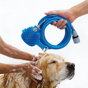 Dog Shower Attachment 2-in-1 Sprayer and Scrubber - Slip-on Wash with Hose - Indoor/Outdoor Pet Bathing & Grooming - Fast, Easy Home Cleaning, Blue