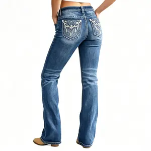Women's Med Blue Mid-Rise Bootcut Jeans, Simple Stitches Basic Style, Womenswear Bottom