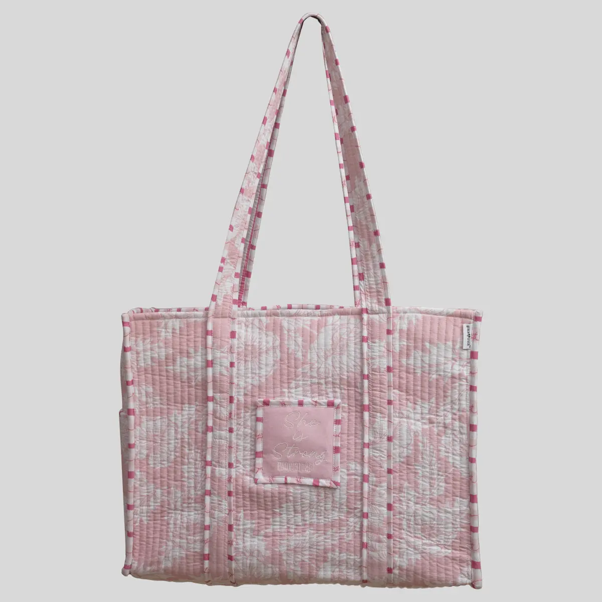 grace & truth Women's Quilted Texture Cotton Blend Tote Bag - Blush Bloom Floral Print, Casual Style, Side Pockets, Handle Drop, Open Top, Multi-Function for Bible Study