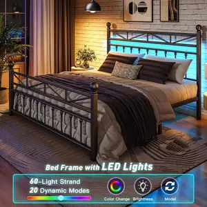 [RaybeeBrandyDay] Metal LED Bed Frame for Queen with 54" Tall Headboard, No Mattress, Victorian Vintage Iron-Art Platform Bed frame with Under Bed Storage, Holds 883LBS No Box Spring Needed, No Noise, Full, King, Twin, Black, White[BlackFridayCyberMonday]