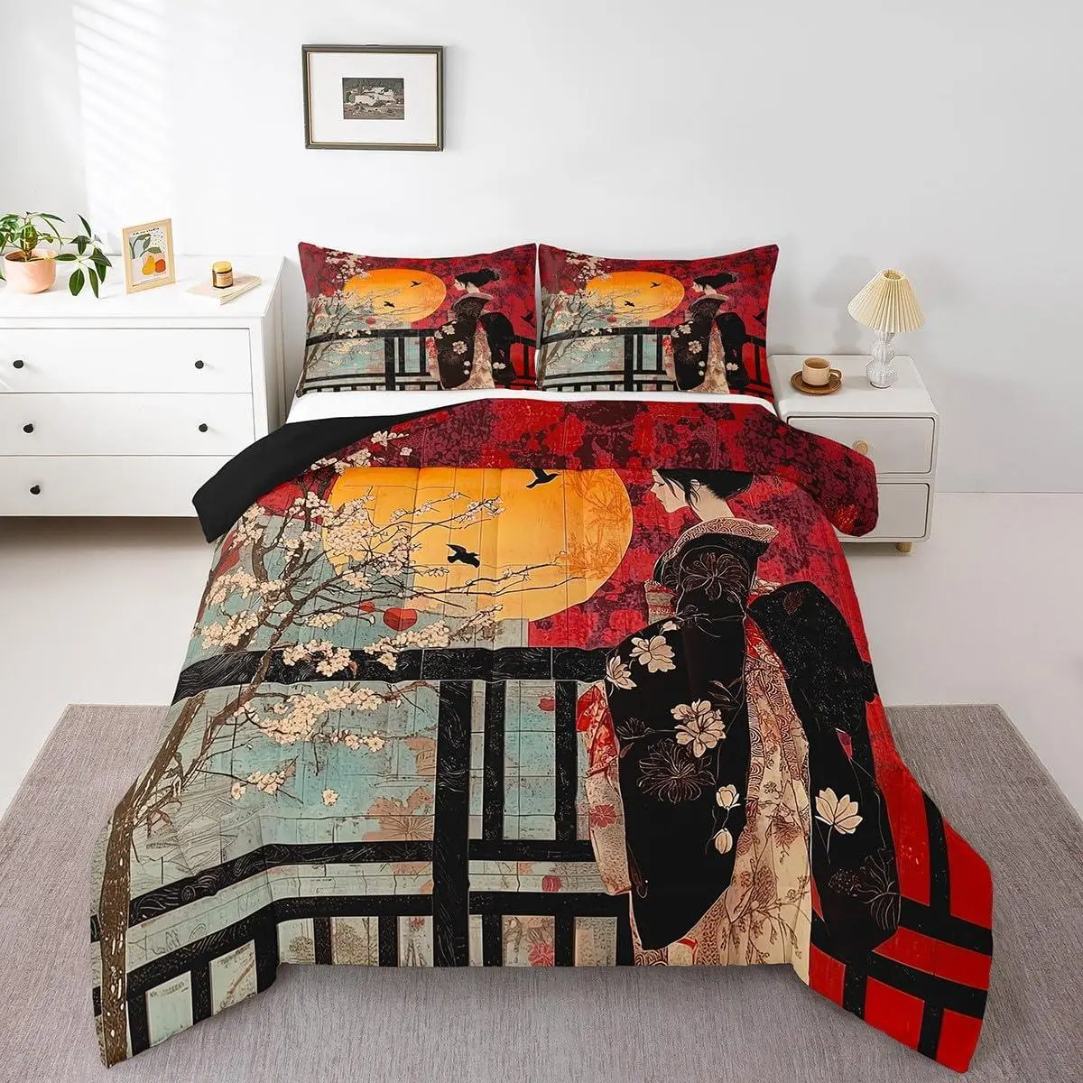 Japanese Style Comforter Set,Cherry Blossoms Down Comforter for Kids Girls Women Bedroom Decor,Sakura Flower Bedding Set,Japan Ukiyo-E Quilt,Red,Lightweight