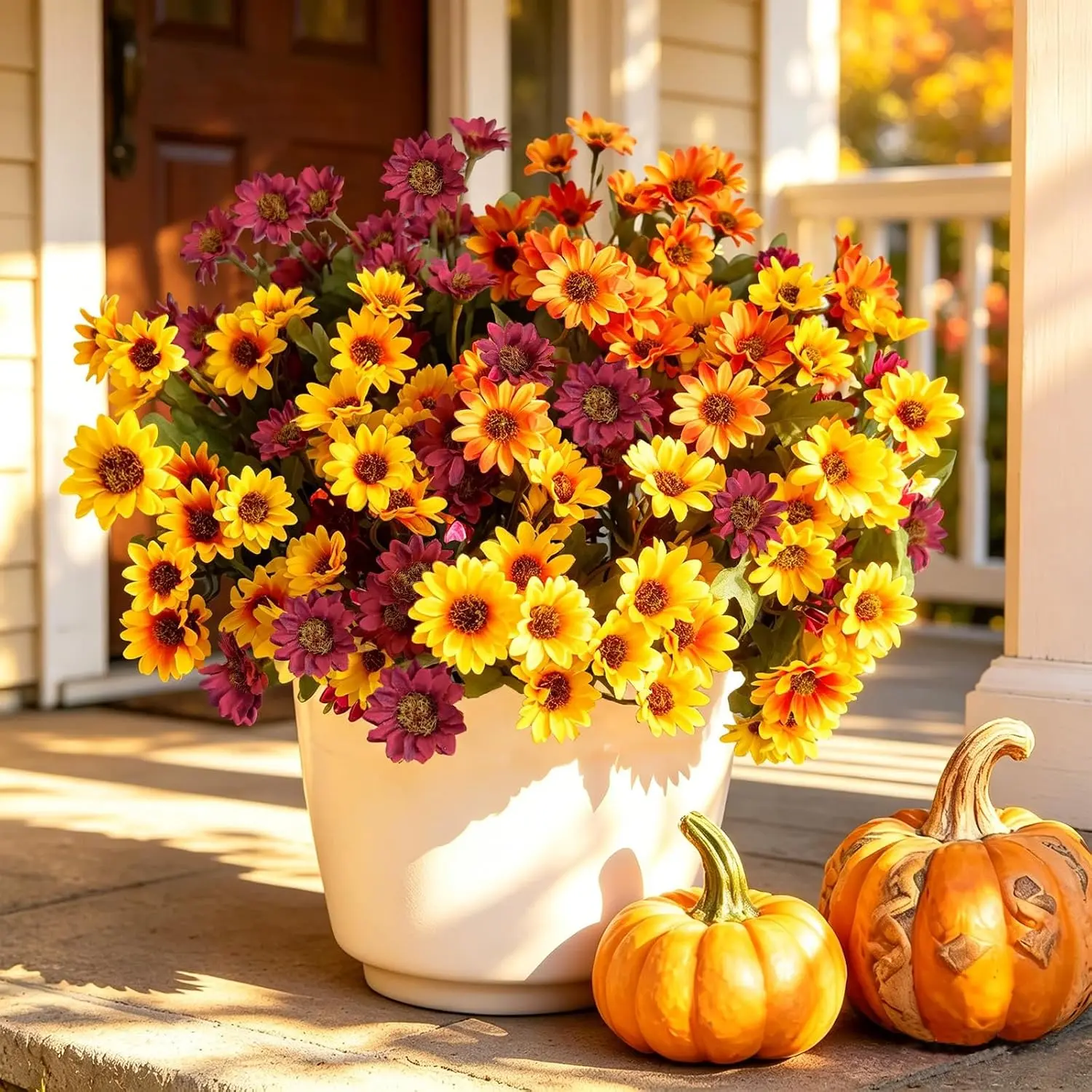 Fall Artificial Mums Daisy Flowers (6/12/24pcs/set), UV Resistant Faux Chrysanthemum Bouquets, Realistic No Fade Fake Flowers for Outdoor Planters Front Porch Patio Garden Yard, Autumn Halloween Thanksgiving Decor