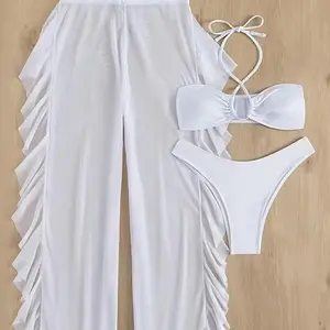 3 Piece Swimsuit - White Fringed Design with Halter Neck Top and Matching Bottoms