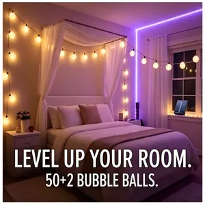 Solar Powered Bubble String Lights 12 Meter 100 LED Beads, Auto Charging No Electricity Cost, Durable Waterproof Outdoor Light for Backyard Patio Daily Ornament