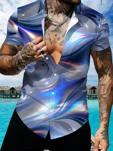 Abstract Streamer Short Sleeve Shirt, Unisex Fashion Printed Business Casual Top, Multi-color Gradient Design Trendy Style, Casual Stylish