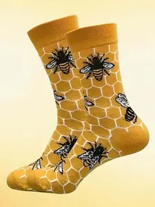 Bee and Honeycomb Pattern Socks, Unisex Mid-Calf Socks, Fun Natural Element Design, Trendy Cute, Breathable Comfort, Daily Wear Essential