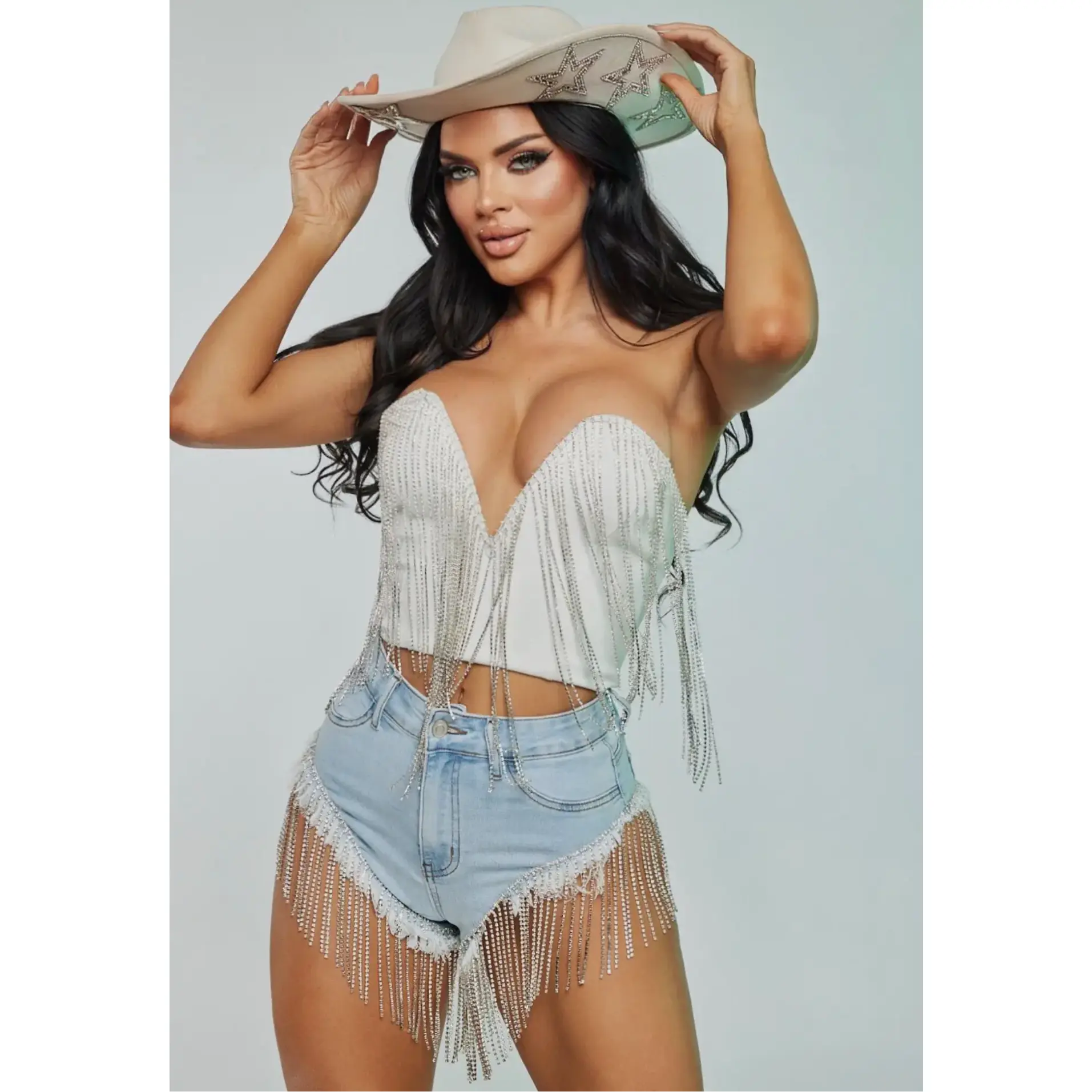 Rhinestone V-Neckline Crop Top