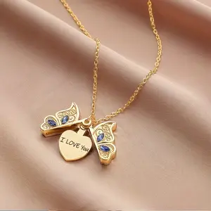 September Laurel  1Pcs Fashion Classic Can Open Butterfly Love Women's Pendant Necklace Engraved with "I Love You" Romantic Proposal Valentine's Day Gift Jewelry