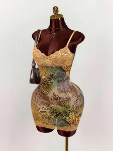 Women's Stylish Comfortable Elegant Sexy Fitted Lace Panel V Neck Sleeveless Cami Leopard Print Dress, Trendy Fashion for Parties and Events