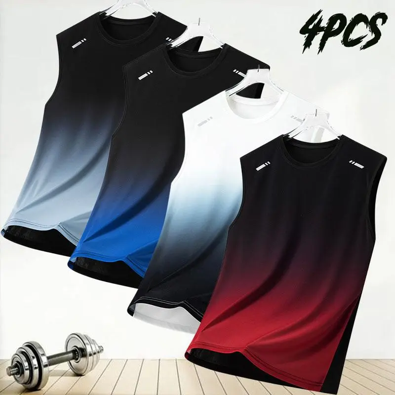 4-pack men’s gradient breathable sleeveless athletic tank tops, American professional fitness style, cool-touch breathable skin-friendly fabric that stays fresh and wicks sweat without feeling sticky, crew neck design that fits comfortably around the neck