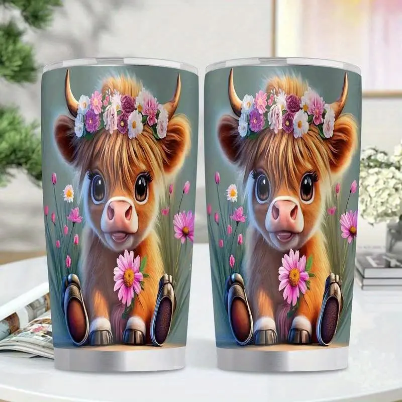 1pc Classic Cute Floral Highland Cow Insulated Stainless Steel Tumbler - 20oz Leak-Proof Double-Wall Vac. Flask, BPA-Free Sipping Cup for Hot/Cold Drinks, Reusable for Home/Camping, 2026 New Year Gift, Stainless Steel Flasks